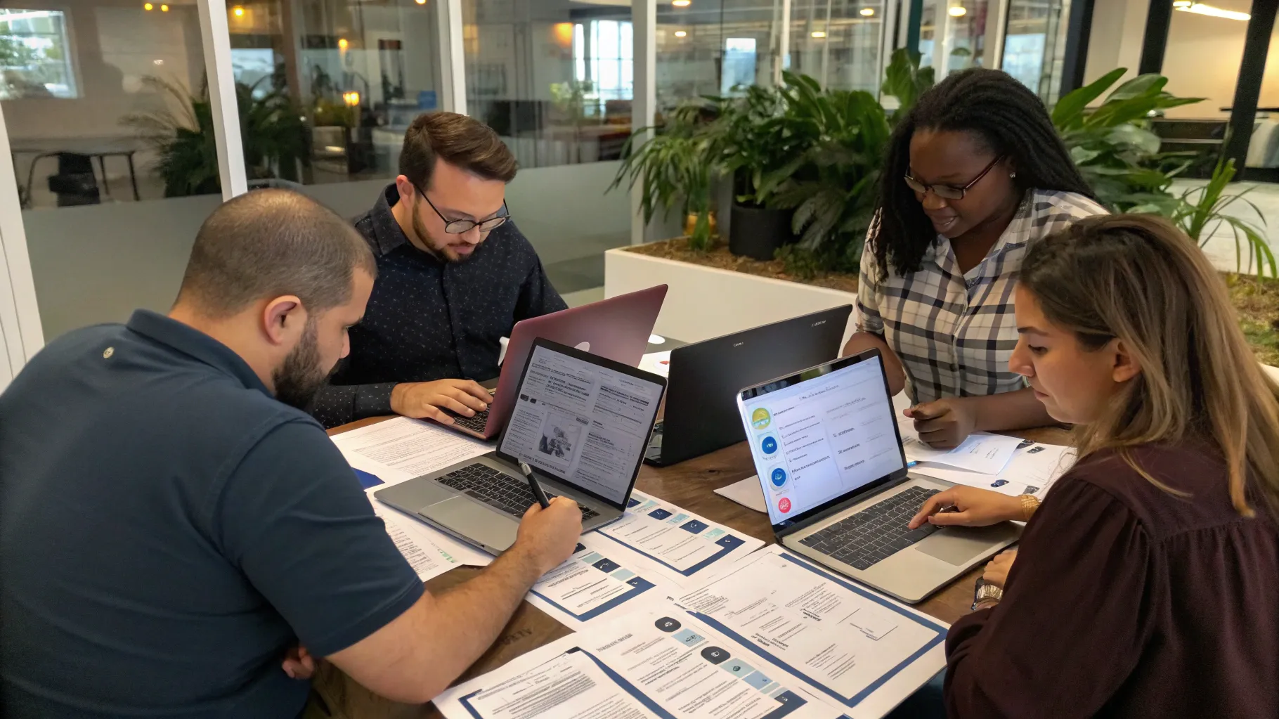Business team collaborating on location-specific checklist customization
